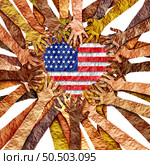 Memorial Day observance USA as a federal Holiday mourning the fallen soldiers of the United States military and honouring US armed forces death as diverse hands joining to honor the nation as a heart shape. Стоковое фото, агентство Ingram Publishing / Фотобанк Лори