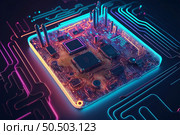 Central computer processor with neon lights integrated microchip circuit board for server. Стоковое фото, агентство Ingram Publishing / Фотобанк Лори