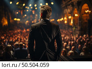 Speaker man boldly stands amidst a vast crowd, captivated by his presence, as he fearlessly addresses them. Стоковое AI-изображение, AI-художник Данила Большаков / Фотобанк Лори