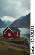 Small red house on fjord landscape in north land. Стоковое AI-видео, аниматор Sergey Grishin / Фотобанк Лори