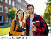 Студенты с книгами в руках стоят у общежития. Students with folders in their hands are standing outside the dormitory. Стоковое AI-изображение, AI-художник Смирнова Светлана / Фотобанк Лори