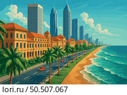 Tropical Colombo panorama with colonial facades and ocean breeze. Стоковая иллюстрация, иллюстратор Максим Гребешков / Фотобанк Лори