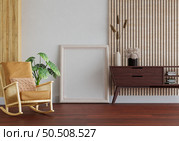 3D illustration, Mockup photo frame on the floor of living room, Interior with houseplant, vases and beautiful furniture, rendering. Стоковое фото, агентство Ingram Publishing / Фотобанк Лори