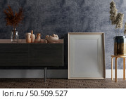 3D illustration, Mockup photo frame on the wall of living room, Interior with houseplant, vases and beautiful furniture, rendering. Стоковое фото, агентство Ingram Publishing / Фотобанк Лори