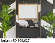 3D illustration, Mockup photo frame on the wall of living room, Interior with houseplant, vases and beautiful furniture, rendering. Стоковое фото, агентство Ingram Publishing / Фотобанк Лори