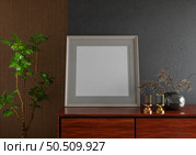 3D illustration, Mockup photo frame on the wall of living room, Interior with houseplant, vases and beautiful furniture, rendering. Стоковое фото, агентство Ingram Publishing / Фотобанк Лори