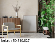 3D illustration, Mockup photo frame on the wall of living room, Interior of comfortable with luxury furniture and decorate in minimal style with houseplant in pot, rendering. Стоковое фото, агентство Ingram Publishing / Фотобанк Лори