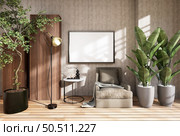 3D illustration, Mockup photo frame on the wall of living room, Interior of comfortable with luxury furniture and decorate in minimal style with houseplant in pot, rendering. Стоковое фото, агентство Ingram Publishing / Фотобанк Лори