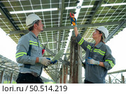 A team of electrical engineers is inspecting and maintaining solar panels at a solar panel site in the middle of a hundred acre field. Стоковое фото, агентство Ingram Publishing / Фотобанк Лори