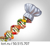 Culinary Genomics or Nutrigenomics and nutritional genetics as food science with ingredients shaped as a double helix DNA strand for nutrient intake and Human health with 3D illustration elements. Стоковое фото, агентство Ingram Publishing / Фотобанк Лори