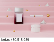 Square perfume bottles and cream jars on pink background. Стоковое фото, агентство Ingram Publishing / Фотобанк Лори