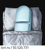 Melatonin insomnia concept and sleep disorder sleeplessness or sleep problem sand difficulty sleeping as a pill in a bed resting on a pillow with 3D illustration elements. Стоковое фото, агентство Ingram Publishing / Фотобанк Лори