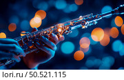 Soprano Saxophone Player in Blue and Orange Ambient Lighting: A Close-Up Shot. Стоковое AI-изображение, AI-художник Данила Большаков / Фотобанк Лори