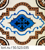 Watercolor illustration of portuguese ceramic tiles pattern. Single square tile. Стоковое фото, агентство Ingram Publishing / Фотобанк Лори