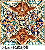 Watercolor illustration of portuguese ceramic tiles pattern. Single square tile. Стоковое фото, агентство Ingram Publishing / Фотобанк Лори