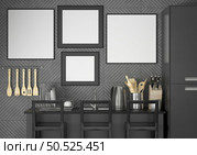 Kitchen with cooking utensils and wall frames, 3D style. Стоковое фото, агентство Ingram Publishing / Фотобанк Лори