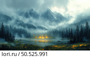 A mysterious mountain landscape with a coniferous forest, a lake and thick fog creeping between the trees. In the distance are snow-capped peaks, partially hidden by clouds. In the foreground is a clearing with bright lights reflected in the water, creating an atmosphere of magic and coziness. This image combines the natural power of the mountains with the mysterious beauty of the forest tranquility. Ideal for nature, fantasy, adventure and solitude themes. Стоковое AI-изображение, AI-художник Анна Кривицкая / Фотобанк Лори