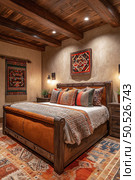 Warm rustic bedroom with wooden beams, textured walls, patterned textiles and earthy tones creates a cozy, Southwestern-inspired interior with cultural charm. Стоковое AI-изображение, AI-художник Катерина Бондарец / Фотобанк Лори