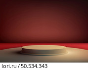 3D beige podium on a beige floor with a red background. This modern minimalist mockup is perfect for showcasing products or branding. Vector illustration. Стоковая иллюстрация, агентство Ingram Publishing / Фотобанк Лори