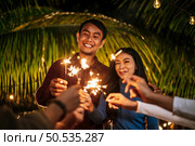 Portrait of Happy Asian group of friends having fun with sparklers outdoor - Young people having fun with fireworks at night time  - People, food, drink lifestyle, new year celebration concept. Стоковое фото, агентство Ingram Publishing / Фотобанк Лори