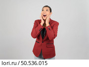 Portrait young beautiful woman in formal clothing for officer standing laugh and exciting, isolated on white background,  copy space for insert your advertisement. Стоковое фото, агентство Ingram Publishing / Фотобанк Лори