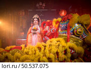 Chinese woman with yellow and red lions It is considered to enhance the prosperity for oneself on the occasion of the Chinese New Year festival every year and in Chinese, it means prosperous, fortunate, happy, prosperous. Стоковое фото, агентство Ingram Publishing / Фотобанк Лори