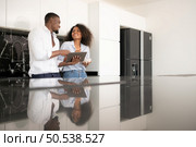 Both of young couple discussing business in the kitchen at home using laptop computers. Стоковое фото, агентство Ingram Publishing / Фотобанк Лори