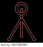 Neon led ring lamp on tripod with smartphone for phone studio photo light podcast concept equipment for streaming video red color vector illustration image flat style light. Neon led ring lamp on tripod with smartphone for phone studio photo light podcast concept equipment for streaming video red color vector illustration image flat style. Стоковая иллюстрация, агентство Ingram Publishing / Фотобанк Лори
