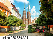 Street with cobblestone road with green trees, colorful buildings, summer cafe, Cathedral of St. John the Baptist church with two spires in old historical city centre, Ostrow Tumski, Wroclaw, Poland. Street and Cathedral. Стоковое фото, агентство Ingram Publishing / Фотобанк Лори