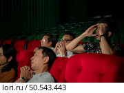 When watching scary ghost movies in theaters, moviegoers appear terrified. Стоковое фото, агентство Ingram Publishing / Фотобанк Лори