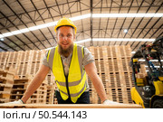 Portrait of young male carpenter working in a woodworking factory, He is wearing a safety helmet and glasses, Checking the wooden planks coming out of the wood grinder. Стоковое фото, агентство Ingram Publishing / Фотобанк Лори