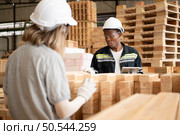 Young female and male warehouse workers using digital tablet for working in wooden factory, Checking the neatness of the planks. Стоковое фото, агентство Ingram Publishing / Фотобанк Лори