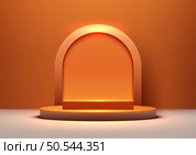 Showcase your products in style with this 3D realistic orange podium product display mockup with rounded backdrop. Perfect for Halloween-themed products, or any product that needs a vibrant and eye-catching display. Vector illustration. Стоковая иллюстрация, агентство Ingram Publishing / Фотобанк Лори