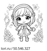 Cute little girl with flowers. Vector illustration for coloring book. Стоковая иллюстрация, агентство Ingram Publishing / Фотобанк Лори