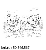 Cute cartoon chihuahua and puppy sitting on the grass. Стоковая иллюстрация, агентство Ingram Publishing / Фотобанк Лори