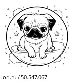 Cute cartoon pug dog. Vector illustration in black and white. Стоковая иллюстрация, агентство Ingram Publishing / Фотобанк Лори
