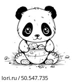 Cute panda bear sitting on the ground and holding a bowl of nuts. Hand drawn vector illustration. Стоковая иллюстрация, агентство Ingram Publishing / Фотобанк Лори
