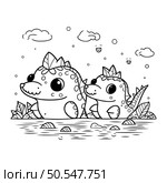 cute stegosaurus couple in the water cartoon vector illustration graphic design. Стоковая иллюстрация, агентство Ingram Publishing / Фотобанк Лори