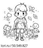 Coloring Page Outline Of a Little Boy Walking With His Pet. Стоковая иллюстрация, агентство Ingram Publishing / Фотобанк Лори