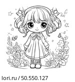 Cute little girl with flowers. Vector illustration for coloring book. Стоковая иллюстрация, агентство Ingram Publishing / Фотобанк Лори