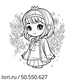 Cute little girl with flowers. Vector illustration for coloring book. Стоковая иллюстрация, агентство Ingram Publishing / Фотобанк Лори