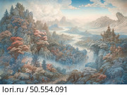 A fantastic landscape illustration in oriental style depicting a mountain valley with ancient temples, surrounded by colorful trees and fog. In the foreground are two travelers on a path leading through a dense forest. In the distance, high peaks, a river and majestic pagodas located on rocky ledges are visible. The painting is made in watercolor technique with a soft palette and graceful details, creating a sense of fairytale, tranquility and harmony with nature. Perfect for fantasy, Asian, meditation, travel and art themes. Стоковое AI-изображение, AI-художник Анна Кривицкая / Фотобанк Лори