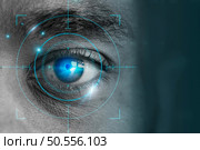 Retinal biometrics technology with manrsquo;s eye digital remix with copy space. Стоковое фото, агентство Ingram Publishing / Фотобанк Лори