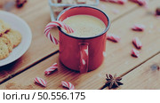 Red cup with cocoa, cookies and caramel Christmas and seasonal drinks concept . Стоковое фото, агентство Ingram Publishing / Фотобанк Лори