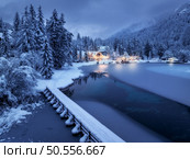 Aerial view of fairy alpine village in snow, bridge, forest, Jasna lake, houses, street lights at winter night. Top view of mountains, illumination, snowy pine trees at dusk. Kranjska Gora, Slovenia. Стоковое фото, агентство Ingram Publishing / Фотобанк Лори