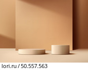 3D two beige cylinders with square backdrop on a brown background, Product display, Vector illustration. vector-feb-2024-35. Стоковая иллюстрация, агентство Ingram Publishing / Фотобанк Лори