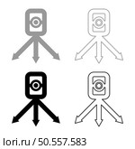 Theodolite survey equipment for measurements on tripod geodetic device tacheometer research level instrument geodesy tool set icon grey black color vector illustration image simple solid fill outline contour line thin flat style. Theodolite survey equipment for measurements on tripod geodetic device tacheometer research level instrument geodesy tool set icon grey black color vector illustration image solid fill outline contour line thin flat style. Стоковая иллюстрация, агентство Ingram Publishing / Фотобанк Лори