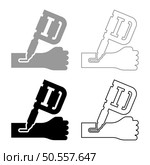 Tattoo machine inking on arm hand device gun skin with ink handheld electromagnetic coil set icon grey black color vector illustration image simple solid fill outline contour line thin flat style. Tattoo machine inking on arm hand device gun skin with ink handheld electromagnetic coil set icon grey black color vector illustration image solid fill outline contour line thin flat style. Стоковая иллюстрация, агентство Ingram Publishing / Фотобанк Лори