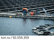 Both of technicians are currently evaluating and repairing the transmission terminals for electricity generated by solar energy in a floating solar power system. Стоковое фото, агентство Ingram Publishing / Фотобанк Лори