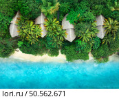 Aerial view of green palms, bungalows, white sandy beach, ocean with waves at sunset in summer. Top view of wooden houses, sea with azure water, trees. Luxury resort in Zanzibar. Tropical background. Стоковое фото, агентство Ingram Publishing / Фотобанк Лори